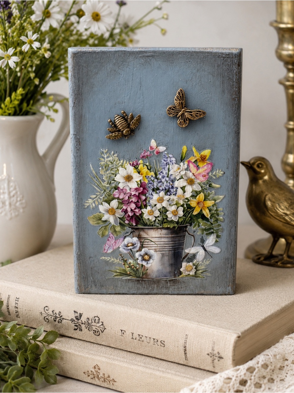 Cottage Garden Floral Shelf Sitter Bee Butterfly Decor